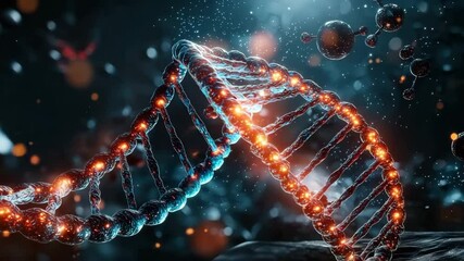 Poster - A glowing, detailed DNA double helix structure surrounded by floating molecules in a dark, scientific environment.