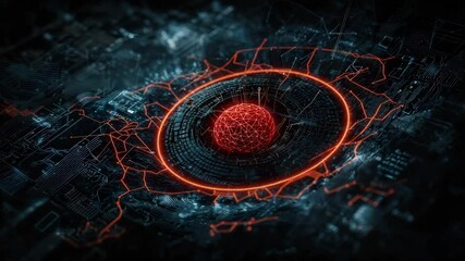 Aufkleber - A futuristic glowing red core surrounded by intricate circuitry and digital connections, evoking advanced technology or artificial intelligence.