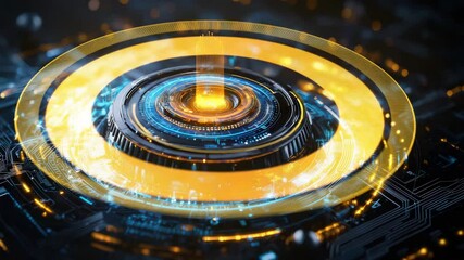 Aufkleber - A glowing, futuristic circular device sits atop a complex circuit board with vibrant blue and orange lights.