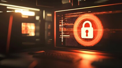 Aufkleber - A glowing computer screen displays a large padlock icon, symbolizing cybersecurity and data protection in a dark, high-tech environment.