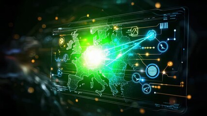 Poster - A futuristic digital map of Europe displays glowing data points, network connections, and technology icons on a transparent screen.
