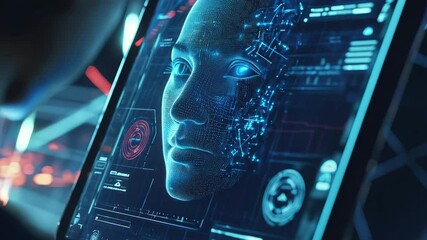 Leinwandbilder - A digital interface displays a glowing artificial intelligence face with data visualizations and blue circuit-like features.