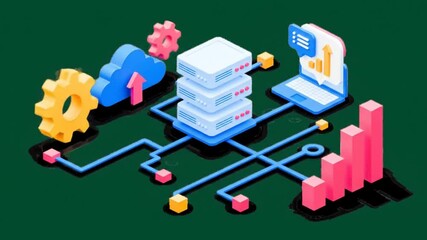 Poster - Isometric Illustration of Data Servers Connected to Cloud Gear Laptop and Bar Chart on Dark Green Background