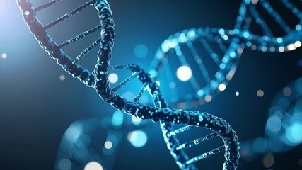 Stylized DNA strand helix on a dark blue background with bokeh light points, representing genetic engineering and biological research