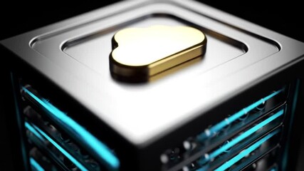 Poster - Silver Cube with Gold Cloud Icon and Blue Neon Lighting Against a Dark Background Represents Cloud Computing and Modern Technology