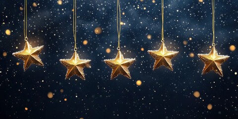 Wall Mural - Five golden stars hang with blurred specks against a dark blue backdrop