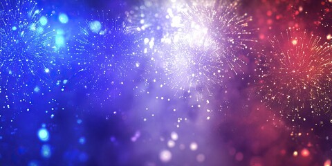 Wall Mural - Colorful explosions of light in blue, white, and red against dark space
