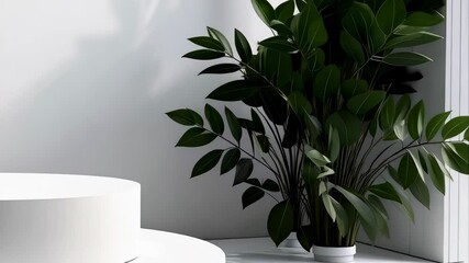 Poster - Minimalist white platform with lush green plant against a bright white background showcasing product display space with soft lighting.