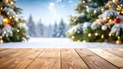 Poster - Festive holiday background showing a wooden table with Christmas trees and snowy landscape in background