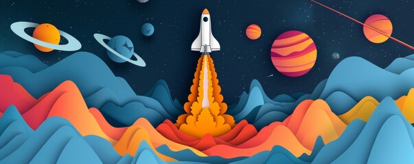 Wall Mural - space shuttle launching with colorful landscape and planets in the sky