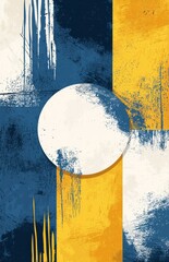 Poster - Abstract art with large white circle and blue and yellow brush strokes