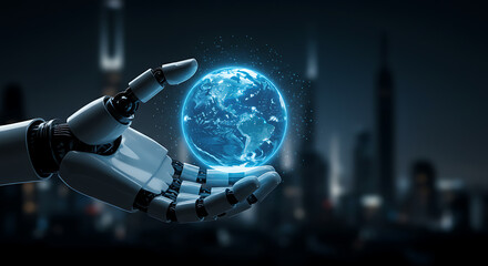 Robot Hand Holding Globe Hologram | Futuristic Global Technology Concept