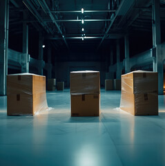 Poster - Cardboard box warehouse storage industrial packaging shipping large empty illuminated organized calm