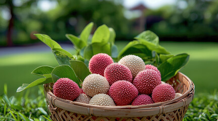 Aufkleber - Basket of lychee fruit with green leaves on grass, fresh and vibrant in outdoor natural sunlight