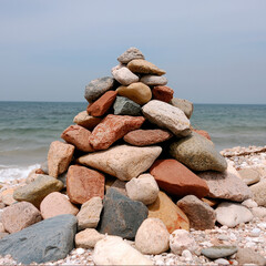 Poster - Pile of rocks on beach with ocean waves and cloudy sky, natural outdoor scene, peaceful atmosphere