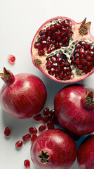 Poster - Fresh pomegranate fruit with seeds on white background, vibrant red color, healthy and juicy appearance
