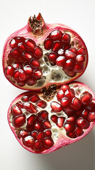 Poster - Pomegranate fruit red seed juicy fresh cut half healthy closeup isolated on white background
