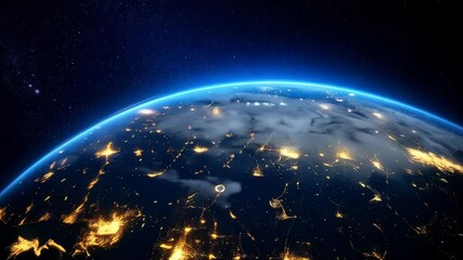 Poster - Planet Earth glowing with city lights, viewed from space with atmospheric glow and starfield background. Concept for global technology and urbanization.