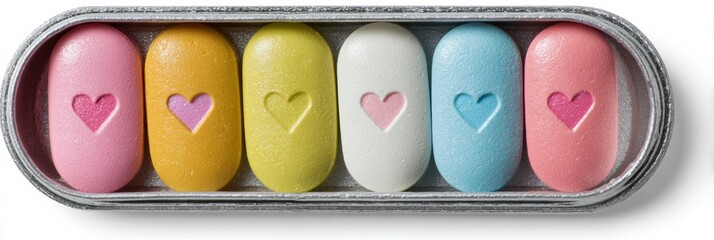 Aufkleber - Colorful Pillbox Containing Heart Icon Pills With Soft Shadows on a Clean Top Margin Surface