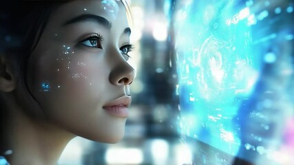 Poster - Digital Vision: A contemplative young woman gazes at a vibrant digital display, her focus reflecting the fusion of human intellect with futuristic technology and the limitless possibilities.
