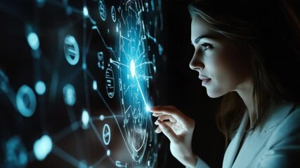 Poster - The Navigator: A futuristic woman interacts with an interactive technological display. This image embodies the evolving nexus of innovation.