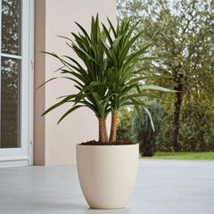 Aufkleber - gracefully shaped big yucca plant in cream pot on modern patio, lush green leaves, natural outdoor s
