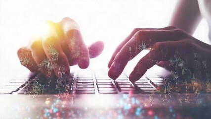 Poster - Digital Nomad at Work: A person's hands skillfully navigate a laptop keyboard, immersed in a world of digital possibilities. The image evokes a sense of focus and connection.