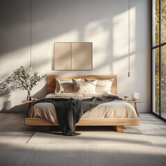 Poster - Minimalist bedroom with low wooden bed, beige bedding, sunlight, large window, cozy and peaceful atmosphere
