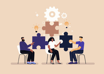 Poster - Diverse Team Connecting Puzzle Pieces for Business Strategy Innovation and Problem Solving Collaboration and Teamwork with Lightbulb Ideas and Gears