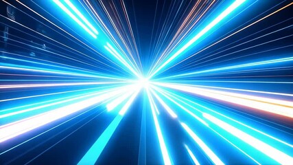 Poster - Abstract light trails of vibrant blue and orange converging toward a central point, creating dynamic perspective in dark background.