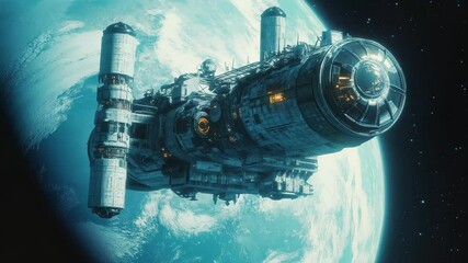 Poster - Orbital station exploring a remote planet in vibrant anime style animation, Orbital station circling a remote planet anime video background