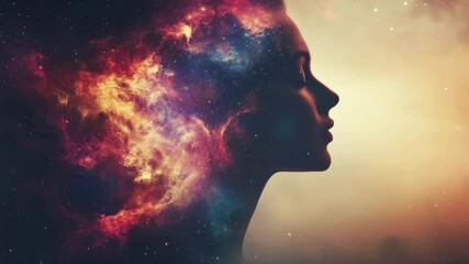 Poster - Surreal profile of a woman intertwined with cosmic nebulae in a dreamlike space setting, Surreal blending woman's profile with cosmic nebulae