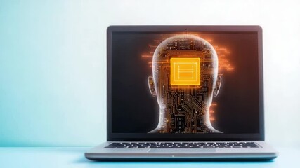 Poster - AI Integration: Conceptual view of technology and artificial intelligence seamlessly merging. A laptop's screen displays the outline of a head, integrated with an intricate circuit board pattern.