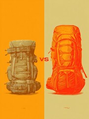 Leinwandbilder - Hiking vs Camping Equipment Comparison Infographic Featuring Backpacks for Outdoor Adventures and Activities