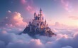 © nana - A magical castle floats among soft clouds, bathed in a dreamy, colorful sky filled with twinkling stars. High quality