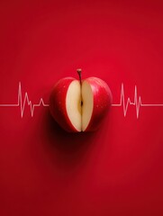 Poster - Heart-shaped Red Apple With Heartbeat Line Design Evokes Feelings of Love and Health in a Minimalist Setting