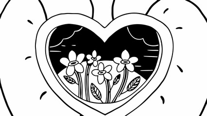 Poster - Heart shaped frame with flowers and clouds in black and white line art illustration design style drawing created with generated ai