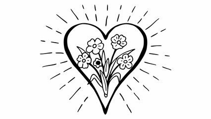 Poster - Heart outline with flower bouquet and radiating lines in black and white simple illustration style art created with generated ai