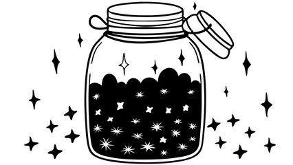 Poster - Illustration of a jar filled with dark liquid and stars with an open lid surrounded by stars created with generated ai