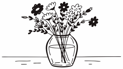 Poster - Hand drawn illustration of a vase filled with flowers and leaves on a surface in black and white created with generated ai