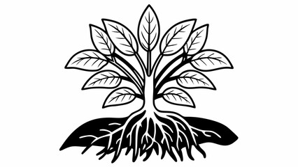 Poster - Illustration of a stylized plant with prominent roots and multiple leaves in black and white style created with generated ai