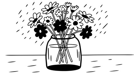 Aufkleber - A still life of flowers in a vase with a background of lines creating a simple monochrome drawing created with generated ai