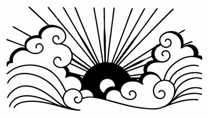 Aufkleber - Illustration of sun with rays shining through clouds and waves in black and white design style created with generated ai