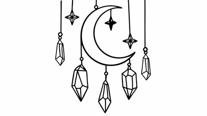 Poster - Crescent moon with hanging stars and crystals in black outline style vector illustration design element created with generated ai