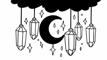 Poster - Black cloud with hanging crystals moon and stars in a whimsical black and white line art illustration created with generated ai