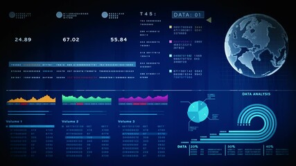 Poster - High-tech investment interface with global map, pie charts, and visual data analytics for financial performance, forecasting, and economic evaluation. Financial investment concept background