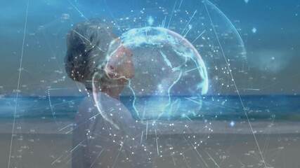 Poster - Senior woman standing on beach hologram appearing rotating Africa visualizing data network