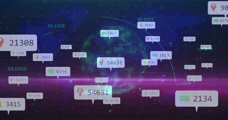 Poster - Data label appearing on rotating 3D globe with bubble labels popping tracing data flow, pink sweep