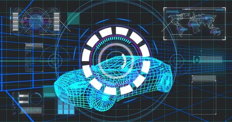 Poster - Initiating blue 3D wireframe car scan, spinning ring filling progress globe and map panels updating