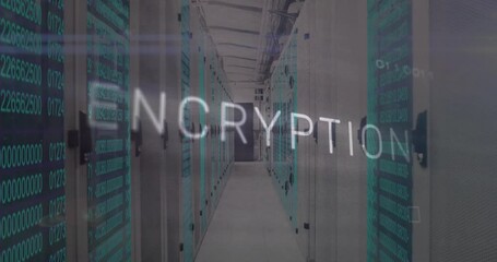Poster - Code streaming through server racks starting encryption text fading glitching, visualizing security